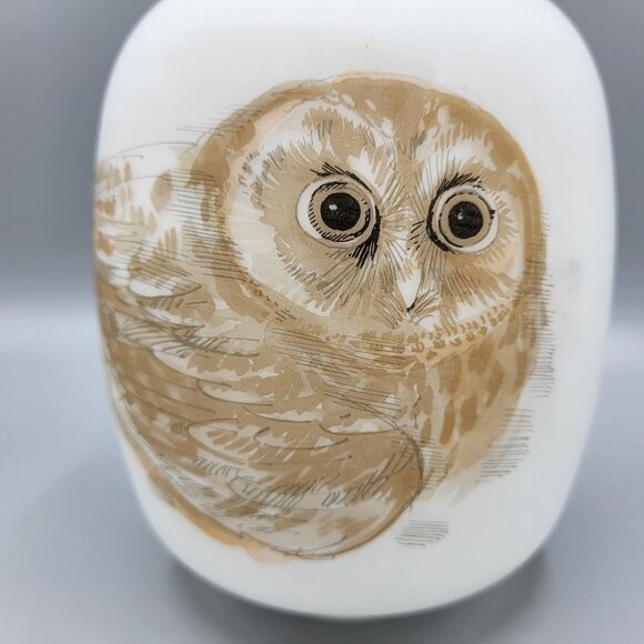 Vintage Enesco Satin Frosted White Glass Vase with Painted Owl 7.5" Tall - Picture 9 of 13